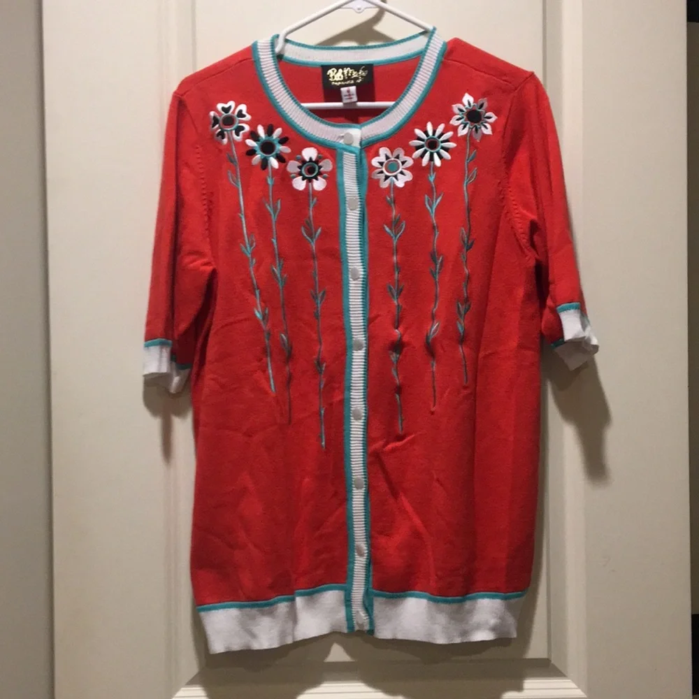Like New!Bob Mackie Wearable Art ButtonDown short sleeve floral preppy sweater M - Picture 7 of 8